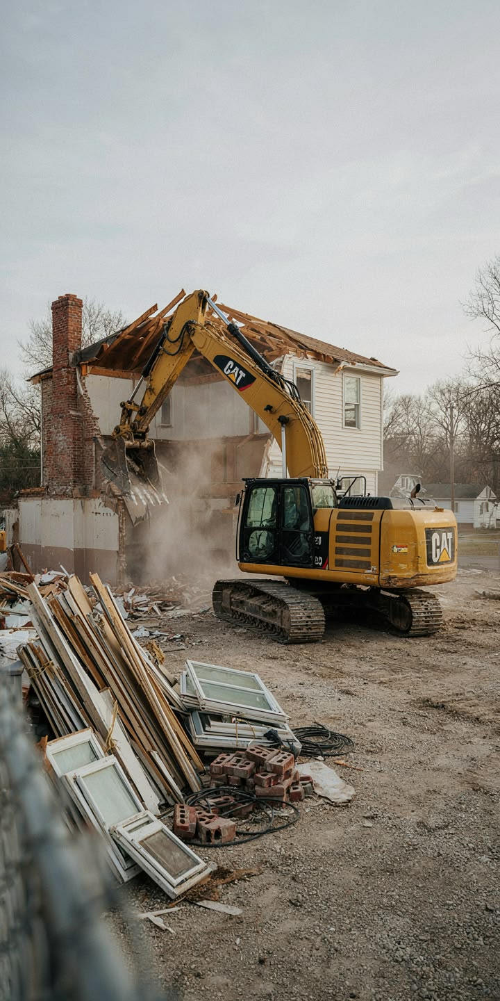 Escavadeira amarela demolindo uma casa